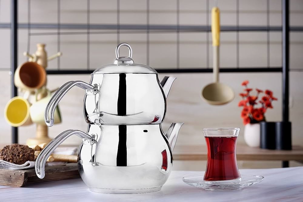 High Quality stainless steel 304 double stacked turkish teapot set