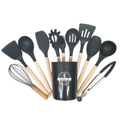 12 pcs Silicone kitchen Utensil set with wooden handle